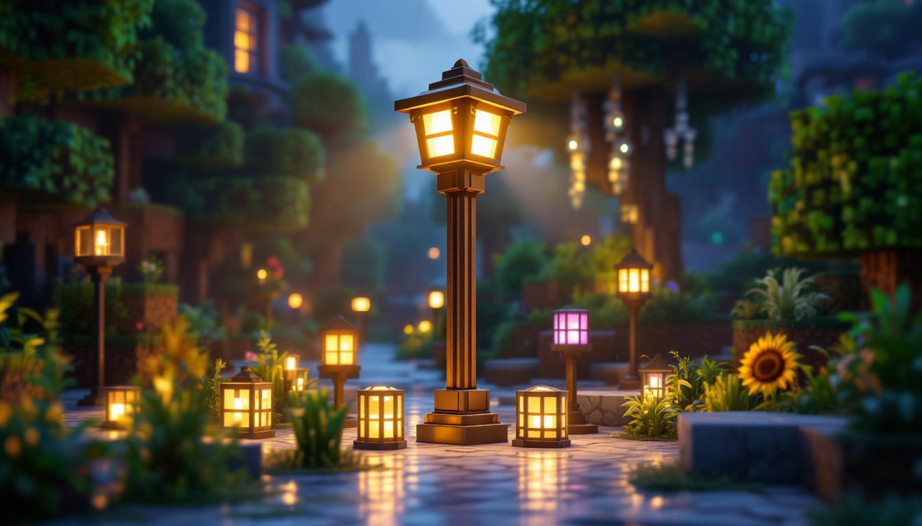 A photograph of a beautifully crafted minecraft light pole surrounded by various lighting alternatives