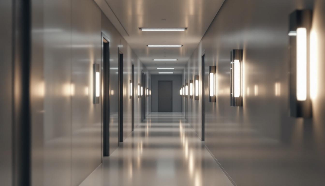 A photograph of a modern hallway illuminated by sleek led light fixtures