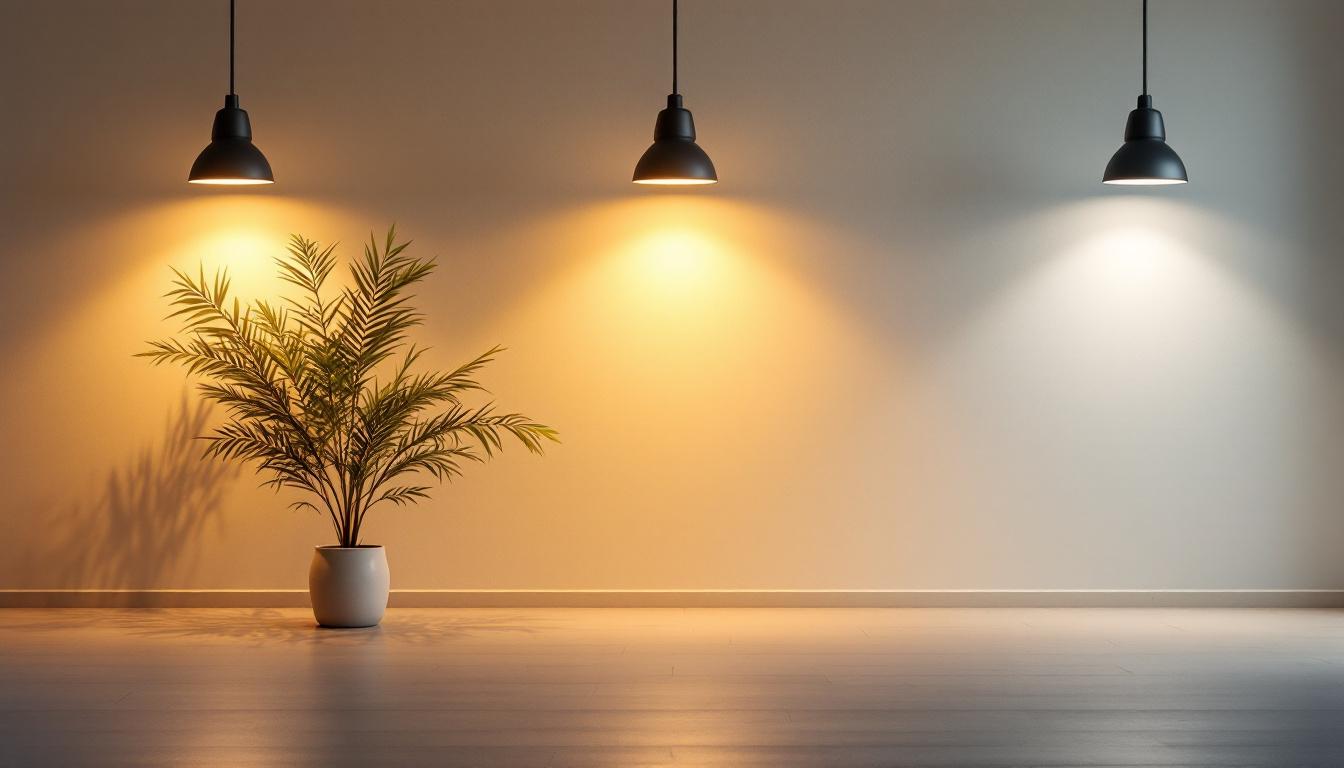 A photograph of a well-lit interior space showcasing various lighting fixtures