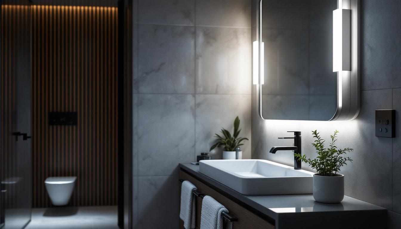 A photograph of a stylish bathroom featuring modern led vanity lights