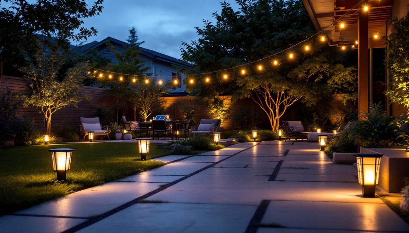 A photograph of a well-lit outdoor space showcasing various solar lights in use