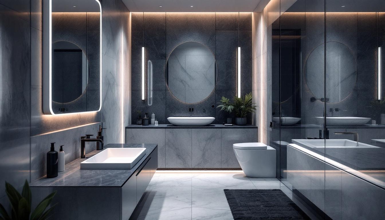 A photograph of a modern bathroom featuring stylish led lighting