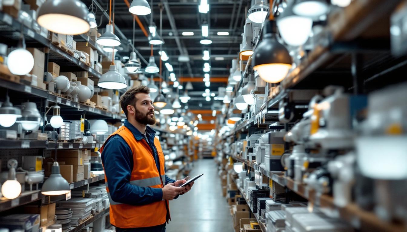 A photograph of a well-lit home depot aisle showcasing a variety of modern led light fixtures