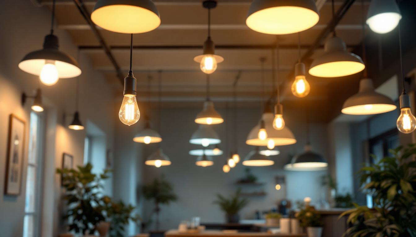 A photograph of a well-lit indoor space showcasing various lighting fixtures at a 3500k color temperature
