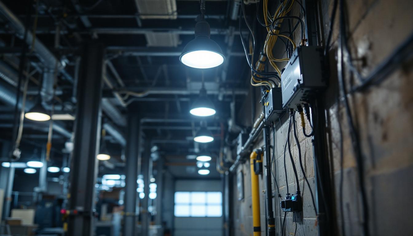 A photograph of a lighting installation featuring keystone ballasts in a commercial or industrial setting