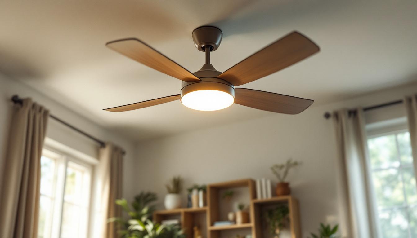 A photograph of a stylish ceiling fan with an integrated light fixture in a well-lit