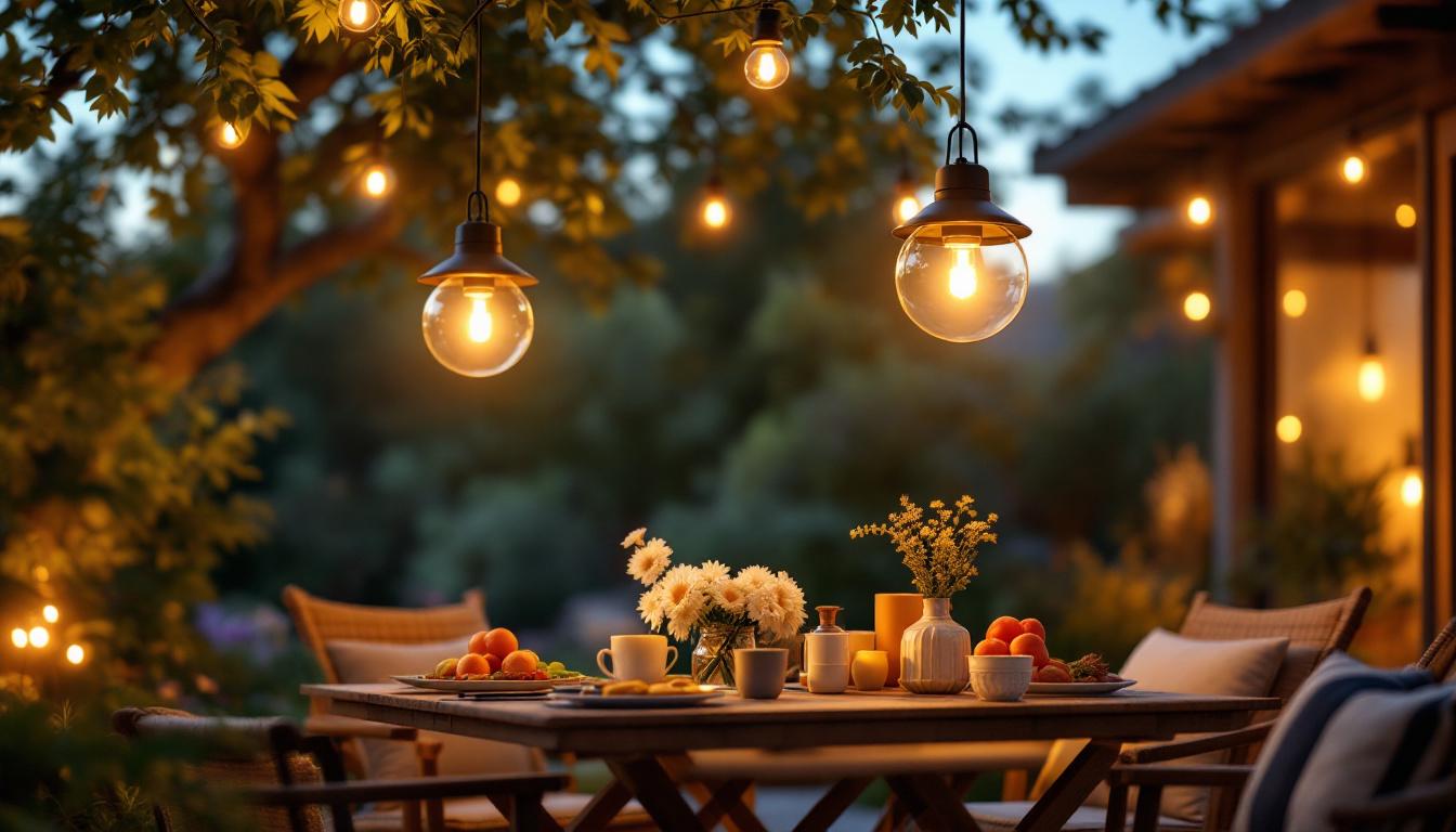 A photograph of a beautifully illuminated outdoor setting featuring solar hanging lamps