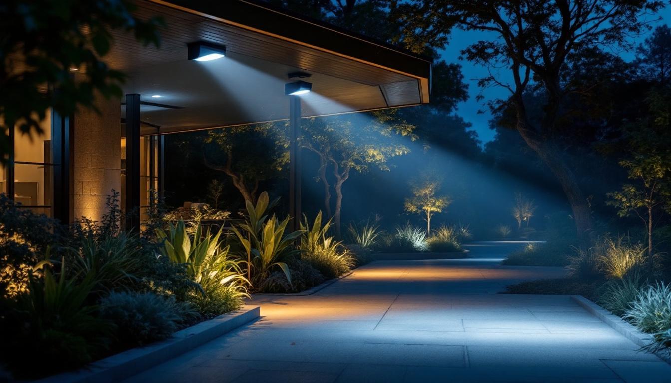 A photograph of a well-lit outdoor area showcasing security led flood lights in action