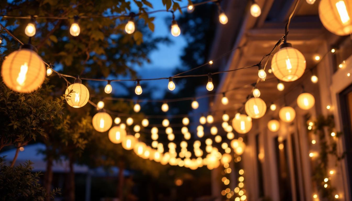 A photograph of a beautifully illuminated outdoor space adorned with white hanging lights