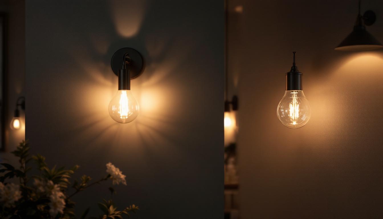 A photograph of a stylish interior setting featuring an elegant wall sconce illuminated against a contrasting wall