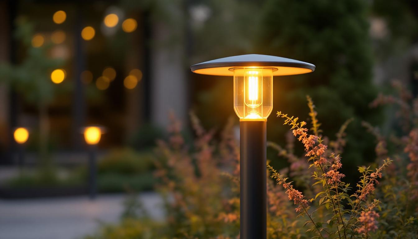 A photograph of a beautifully designed post top light fixture in an outdoor setting