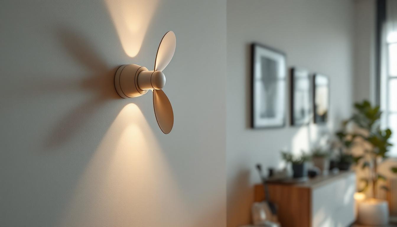 A photograph of a stylish wall-mounted fan light installed in a modern living space