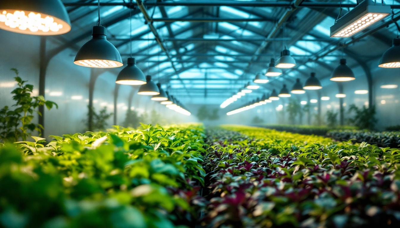 A photograph of a modern greenhouse interior showcasing an innovative lighting system