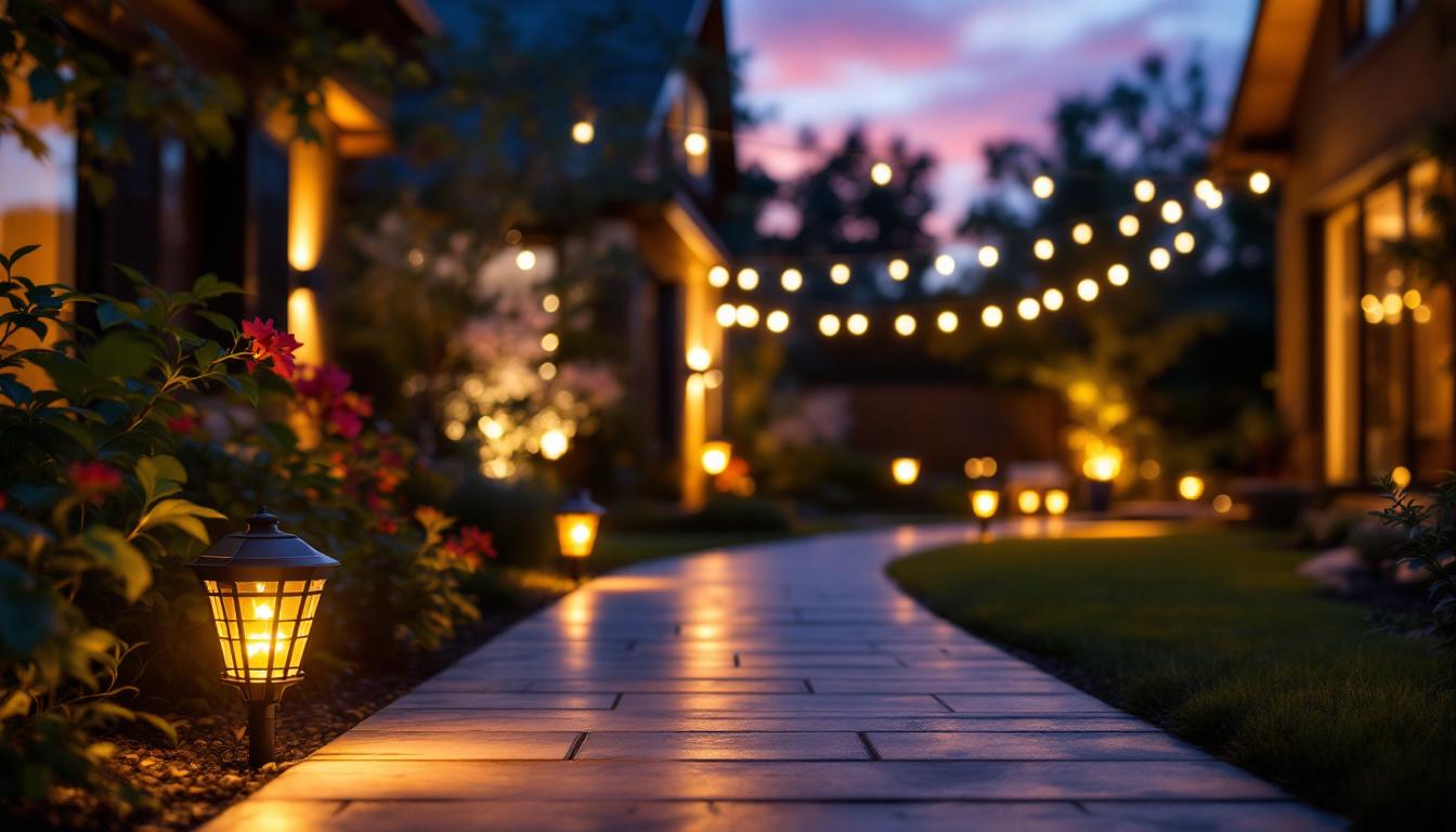 A photograph of a beautifully illuminated outdoor space featuring solar power lights