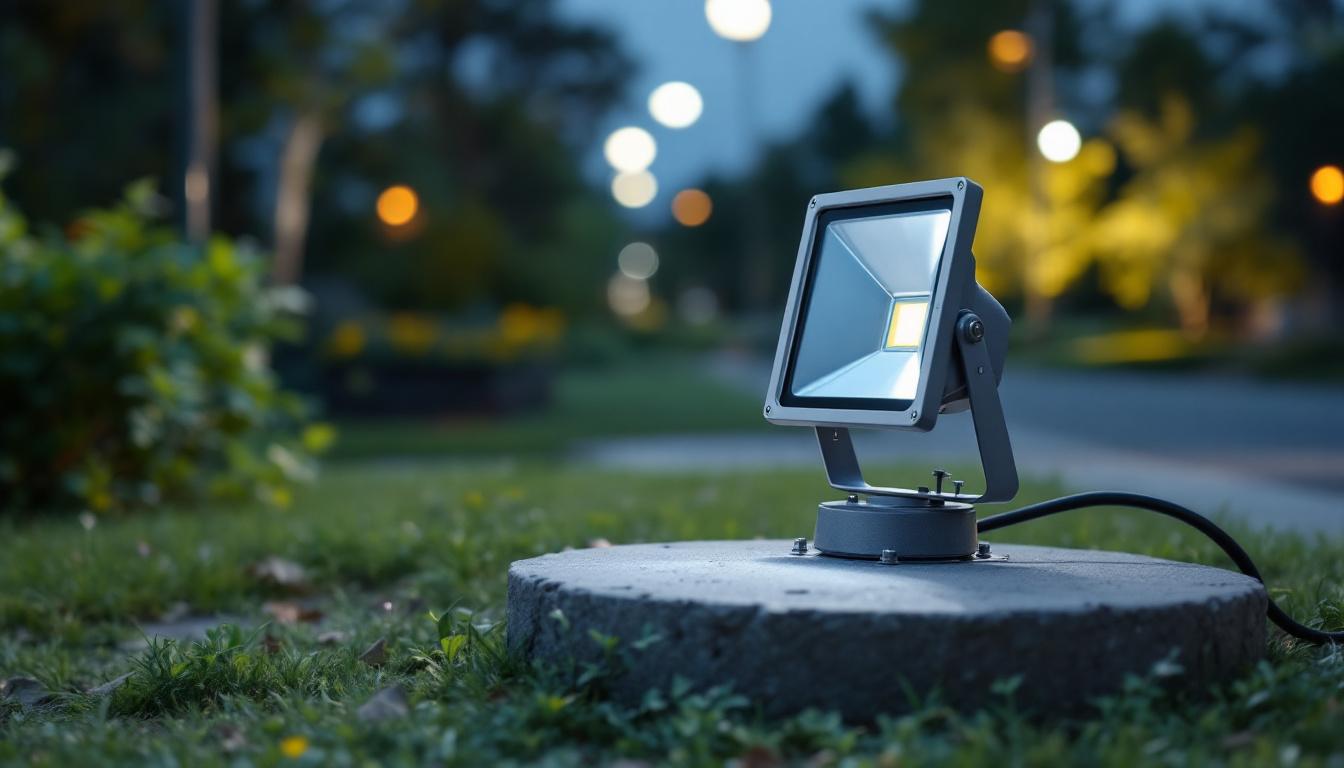 A photograph of a floodlight base installation in an outdoor setting