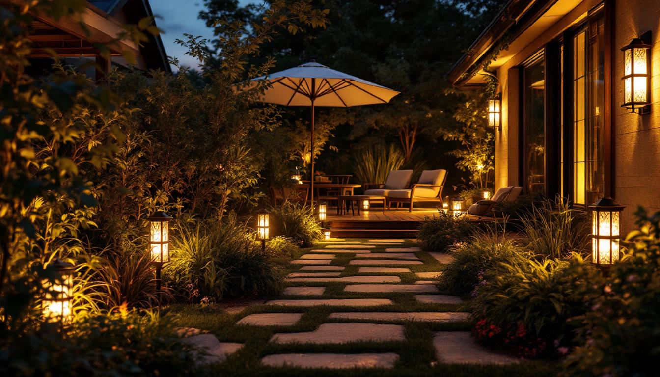 A photograph of a beautifully illuminated outdoor space featuring various styles of solar lights in use at dusk