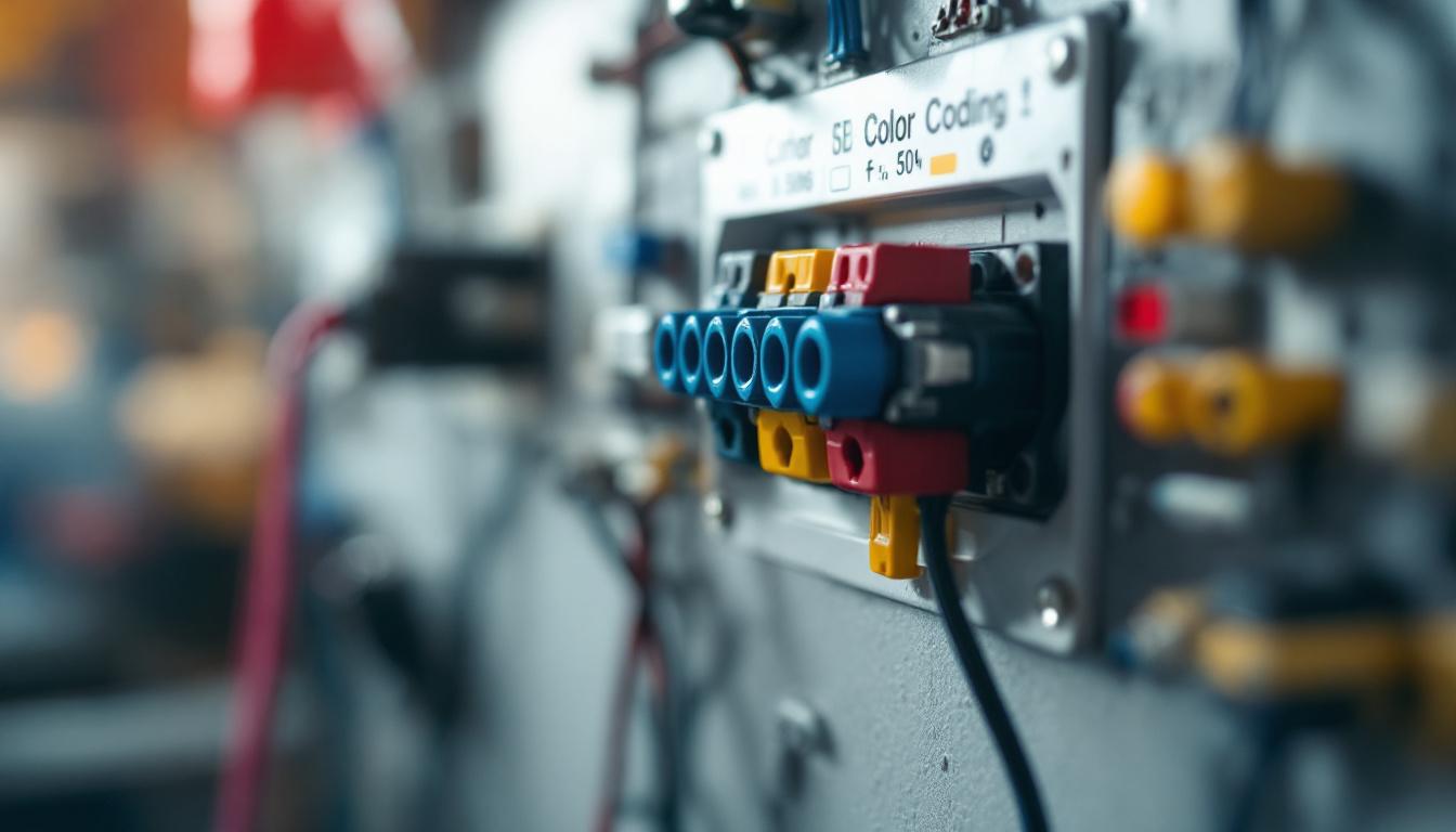 A photograph of a close-up of a color-coded electrical outlet with visible wiring and tools