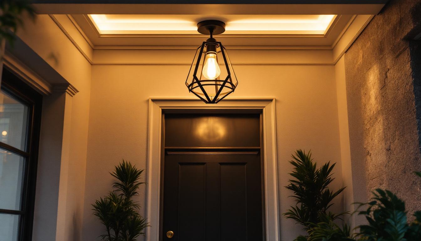 A photograph of a stylish front door area illuminated by a modern ceiling light fixture