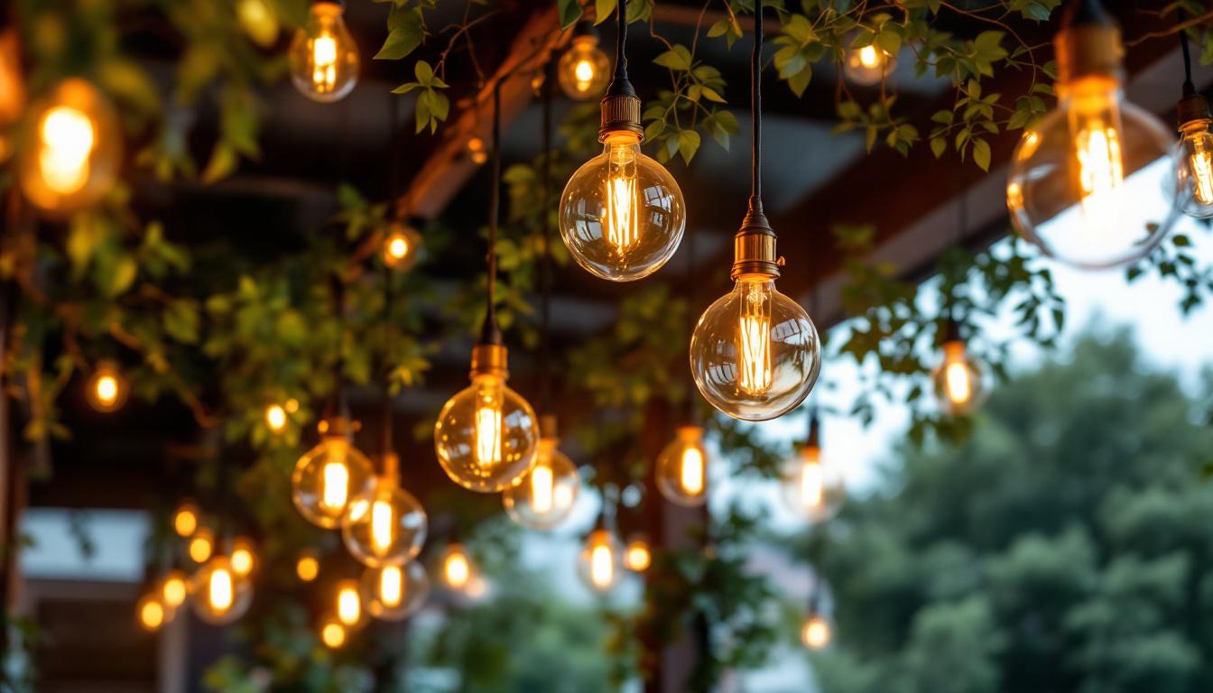 A photograph of an outdoor setting featuring elegantly arranged hanging lights
