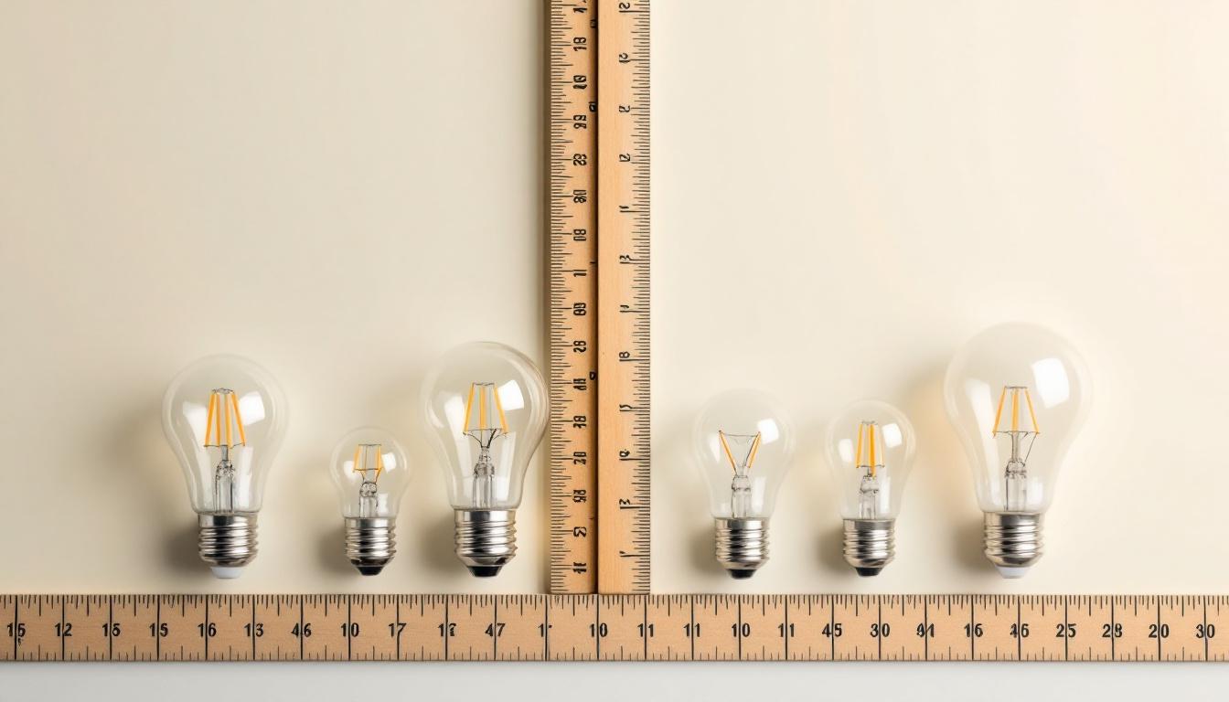 A photograph of a variety of light bulbs with different base sizes displayed alongside a measuring tape or ruler