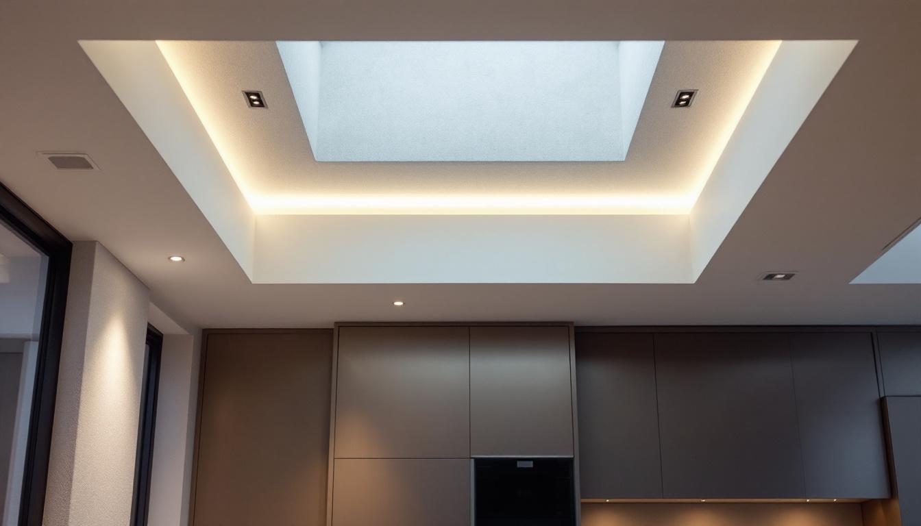 A photograph of a well-designed dropped ceiling soffit featuring integrated lighting