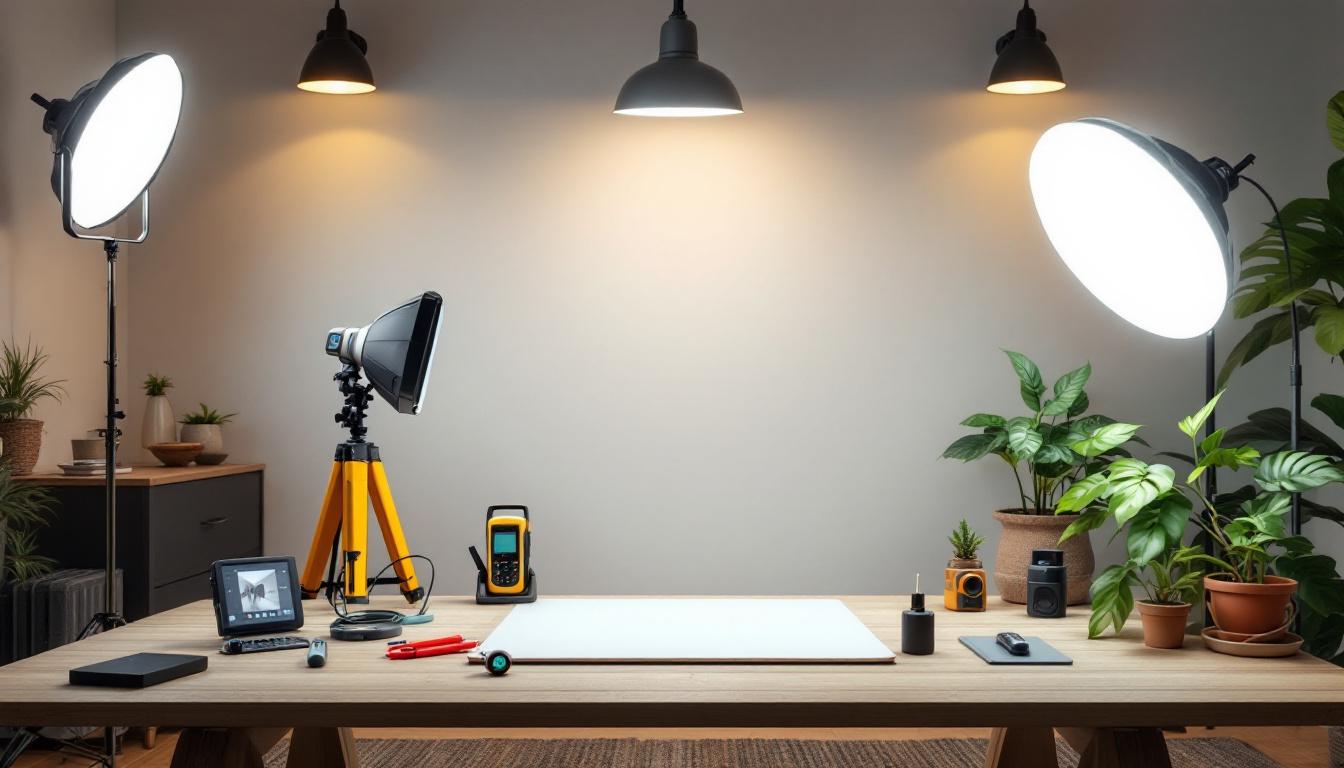 A photograph of a well-lit room showcasing various lighting fixtures and measuring tools