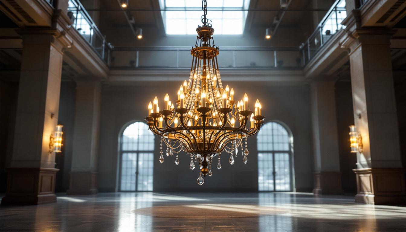 A photograph of a stunning large industrial chandelier hanging in a spacious