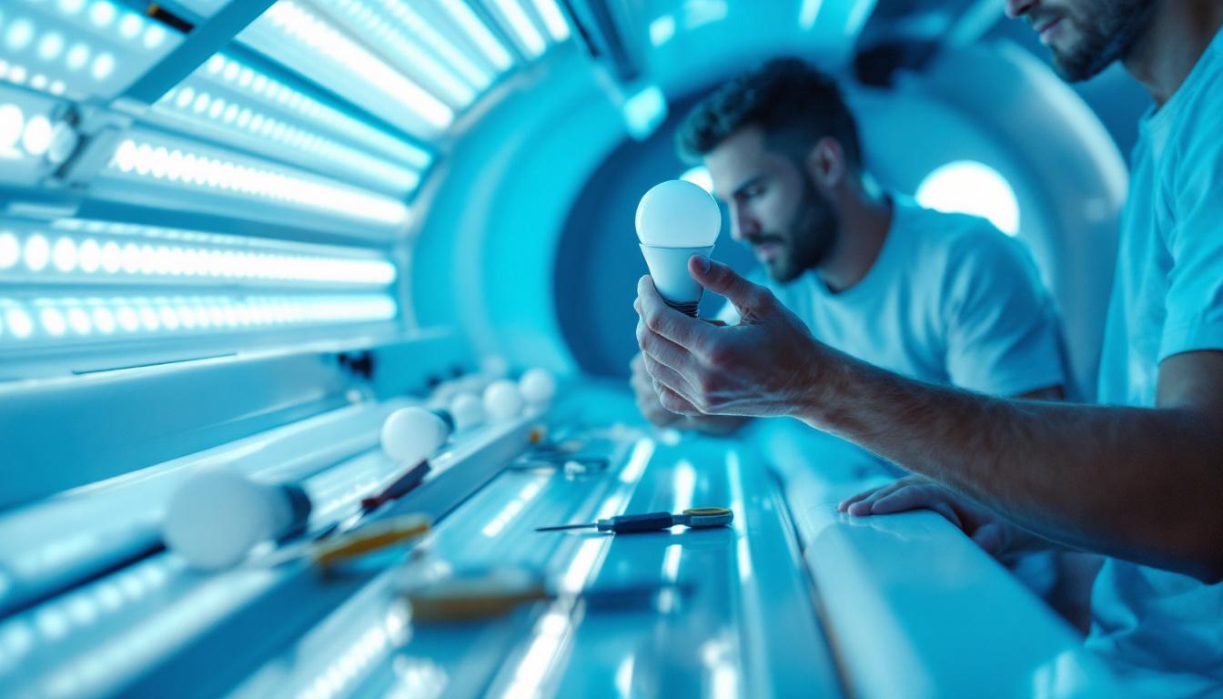 A photograph of a person carefully replacing bulbs in a tanning bed