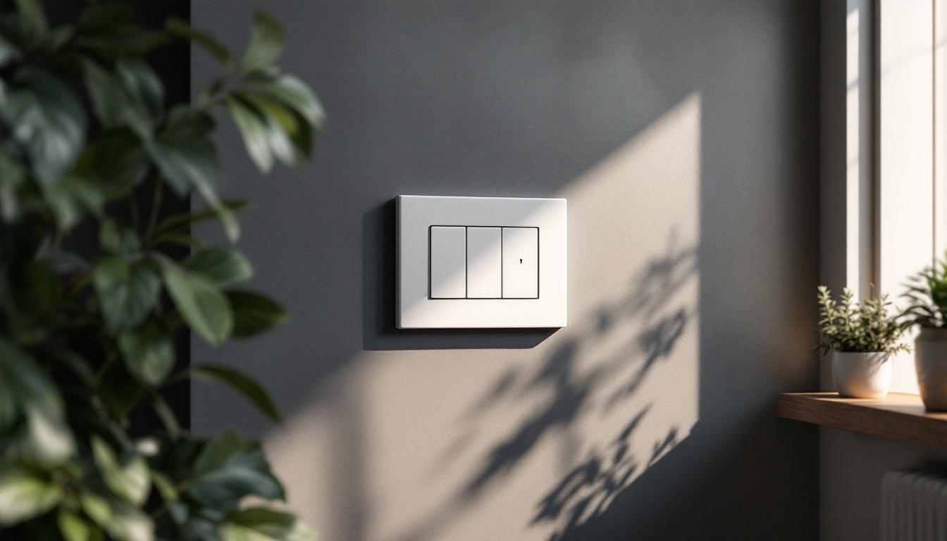 A photograph of a stylish 4 gang wall plate installed in a modern interior setting