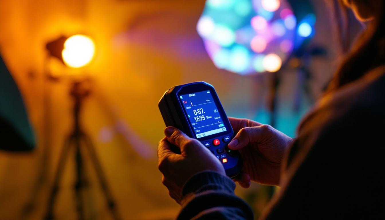 A photograph of a person using a handheld uv light meter to measure light levels in a visually engaging lighting setup