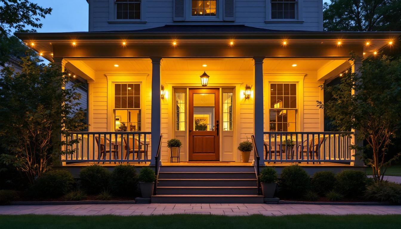 A photograph of a beautifully lit front porch featuring can lights installed in the ceiling