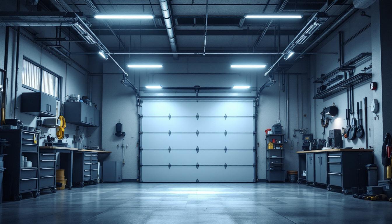 A photograph of a well-lit garage interior showcasing various light fixtures