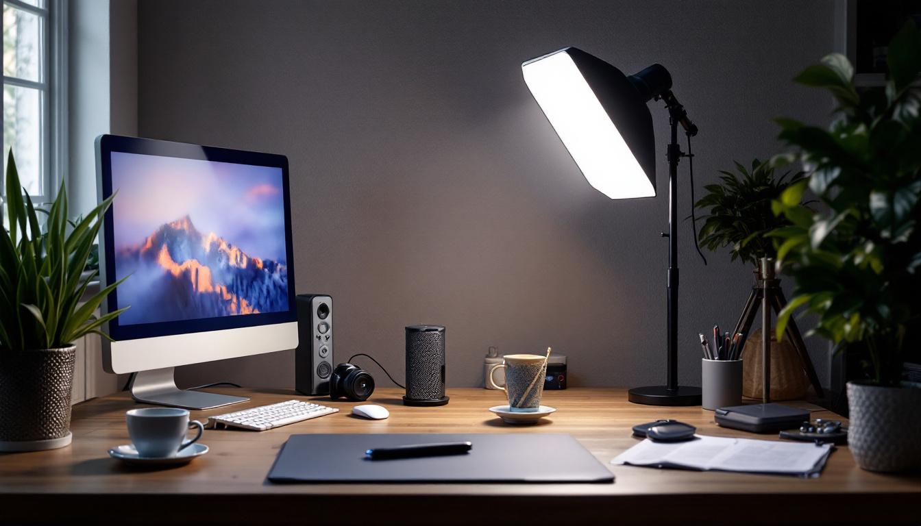 A photograph of a well-lit workspace featuring a 1600 lumen bulb in action