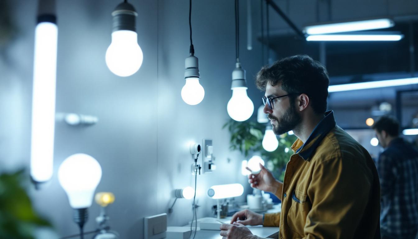 A photograph of a well-lit workspace featuring a variety of fluorescent bulbs in different shapes and sizes