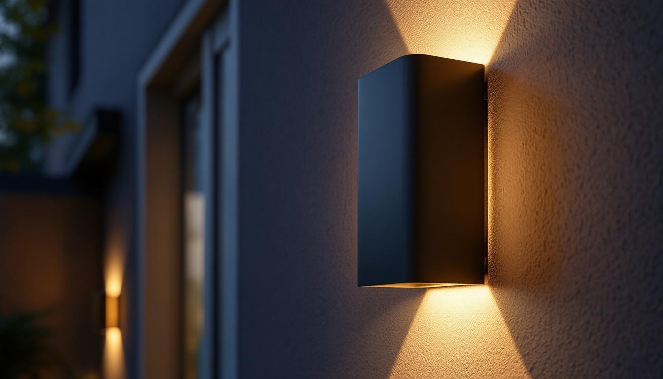 A photograph of a modern outdoor wall sconce mounted on a stylish exterior wall