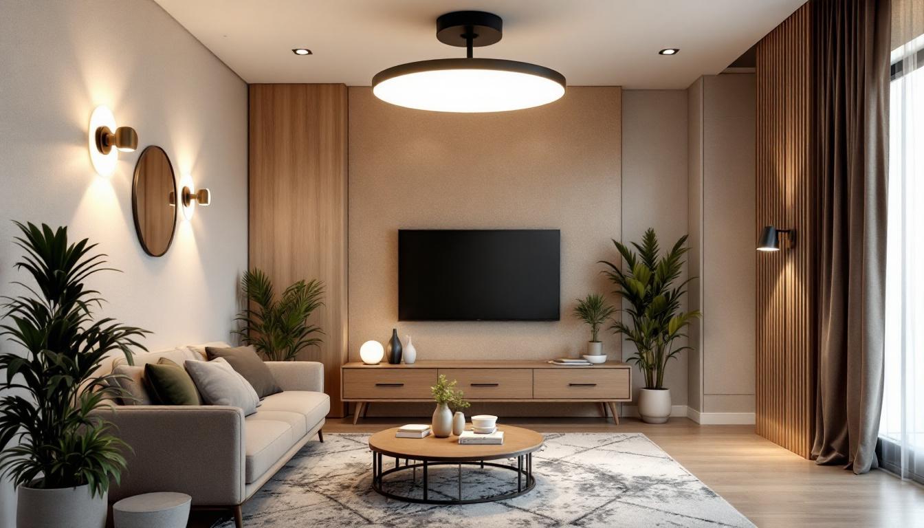 A photograph of a stylishly designed interior space featuring a variety of flush mount led light fixtures
