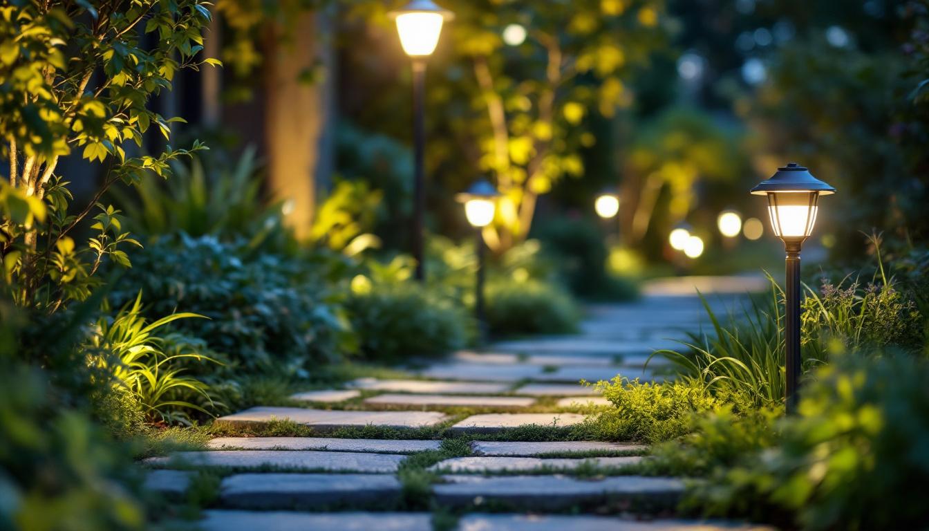 A photograph of a well-designed outdoor landscape lighting setup