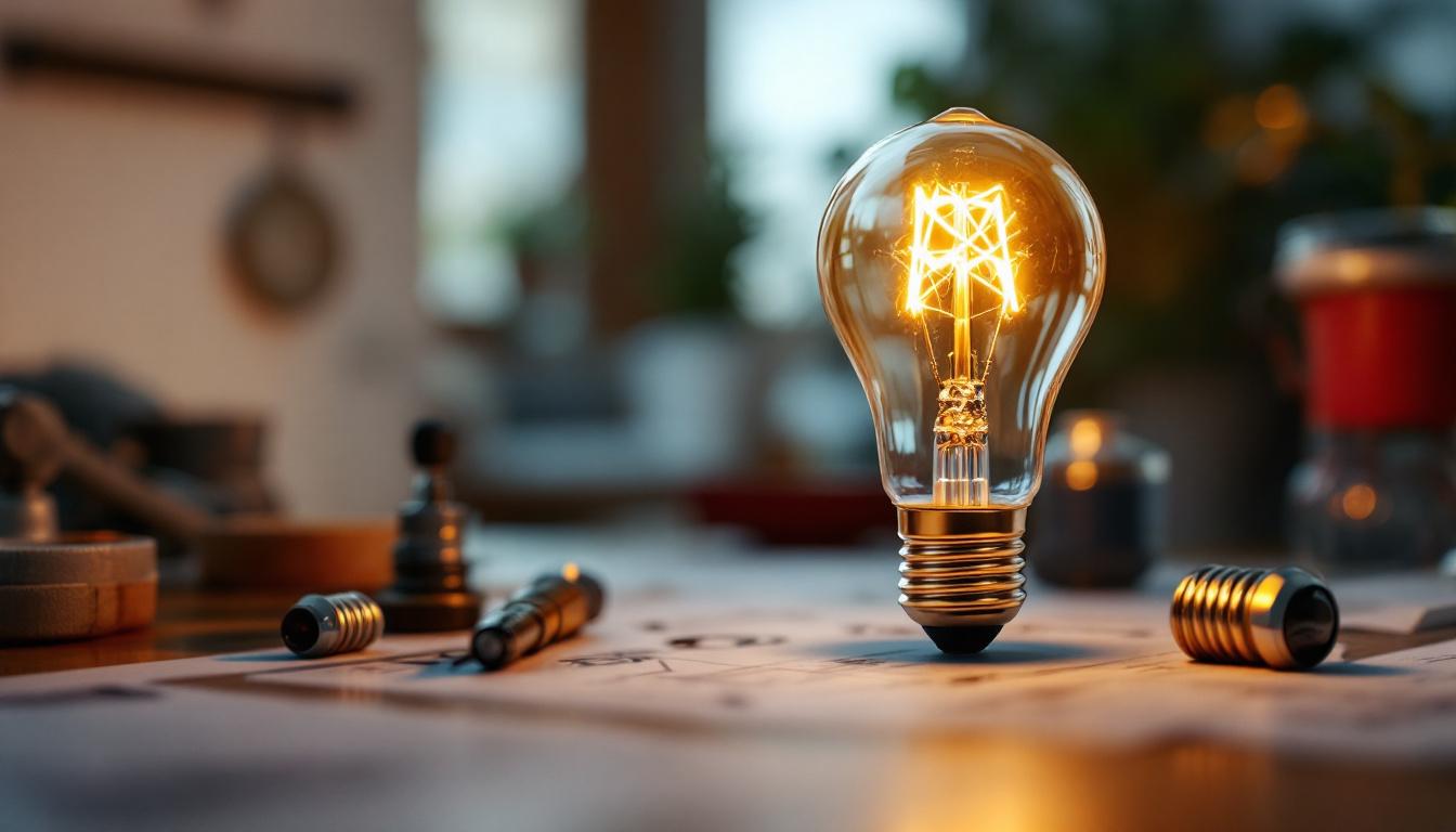 A photograph of a close-up shot of an a19 standard bulb glowing warmly in a modern home setting