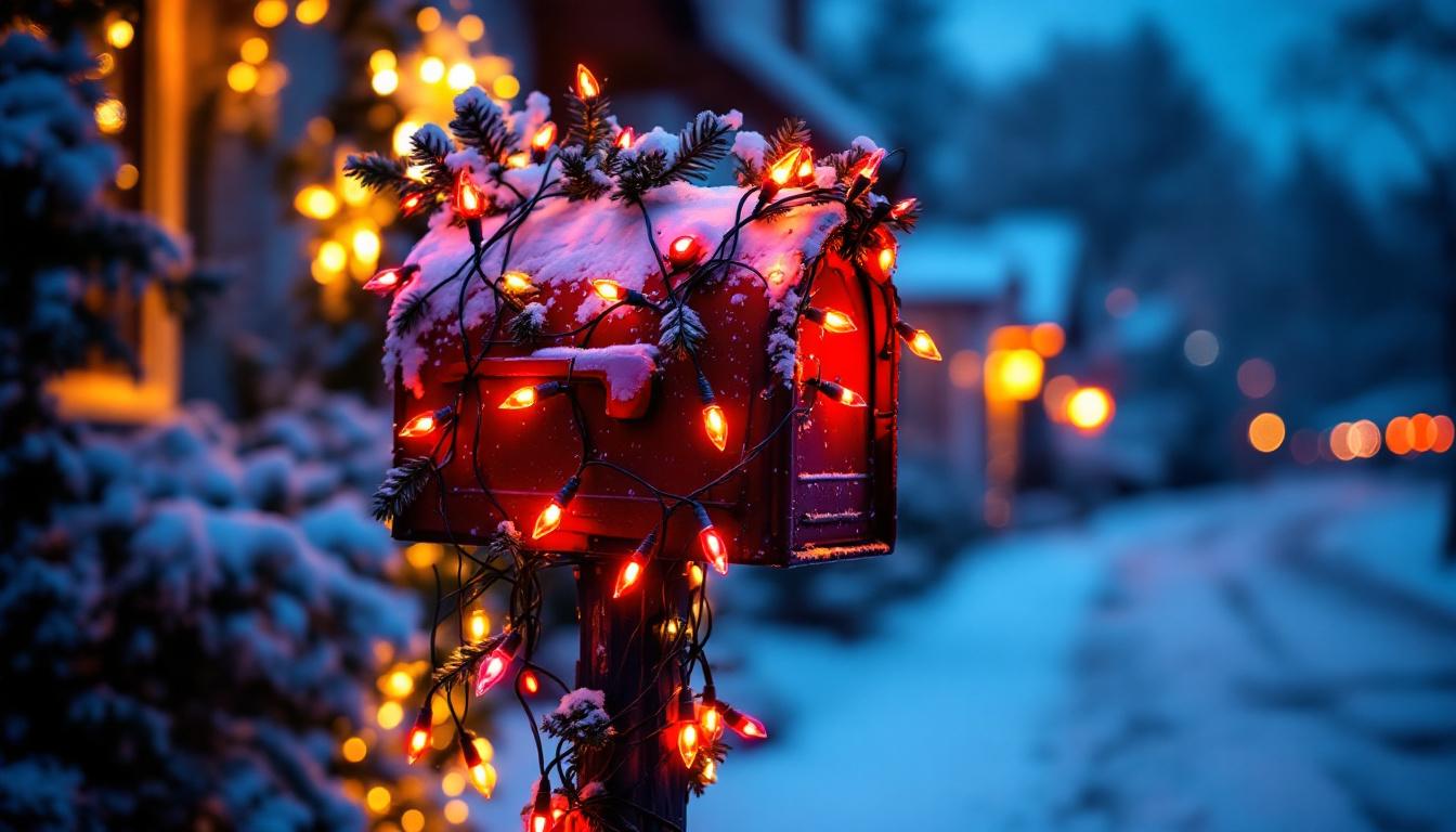 A photograph of a beautifully decorated mailbox adorned with vibrant christmas lights