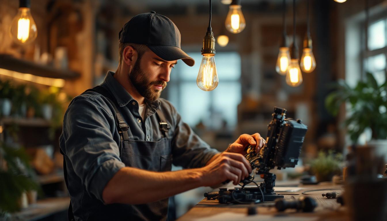 A photograph of a skilled electrician retrofitting modern led lights into a vintage-style fixture