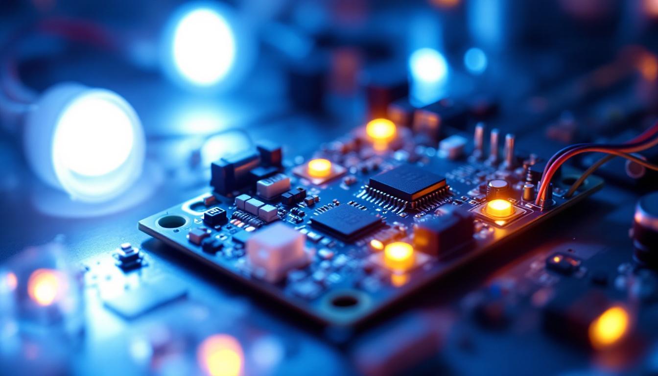 A photograph of a close-up of an led driver circuit board alongside various led lights
