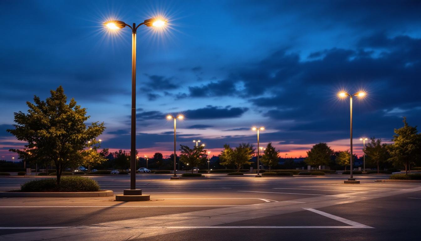 A photograph of a well-lit decorative parking lot at dusk
