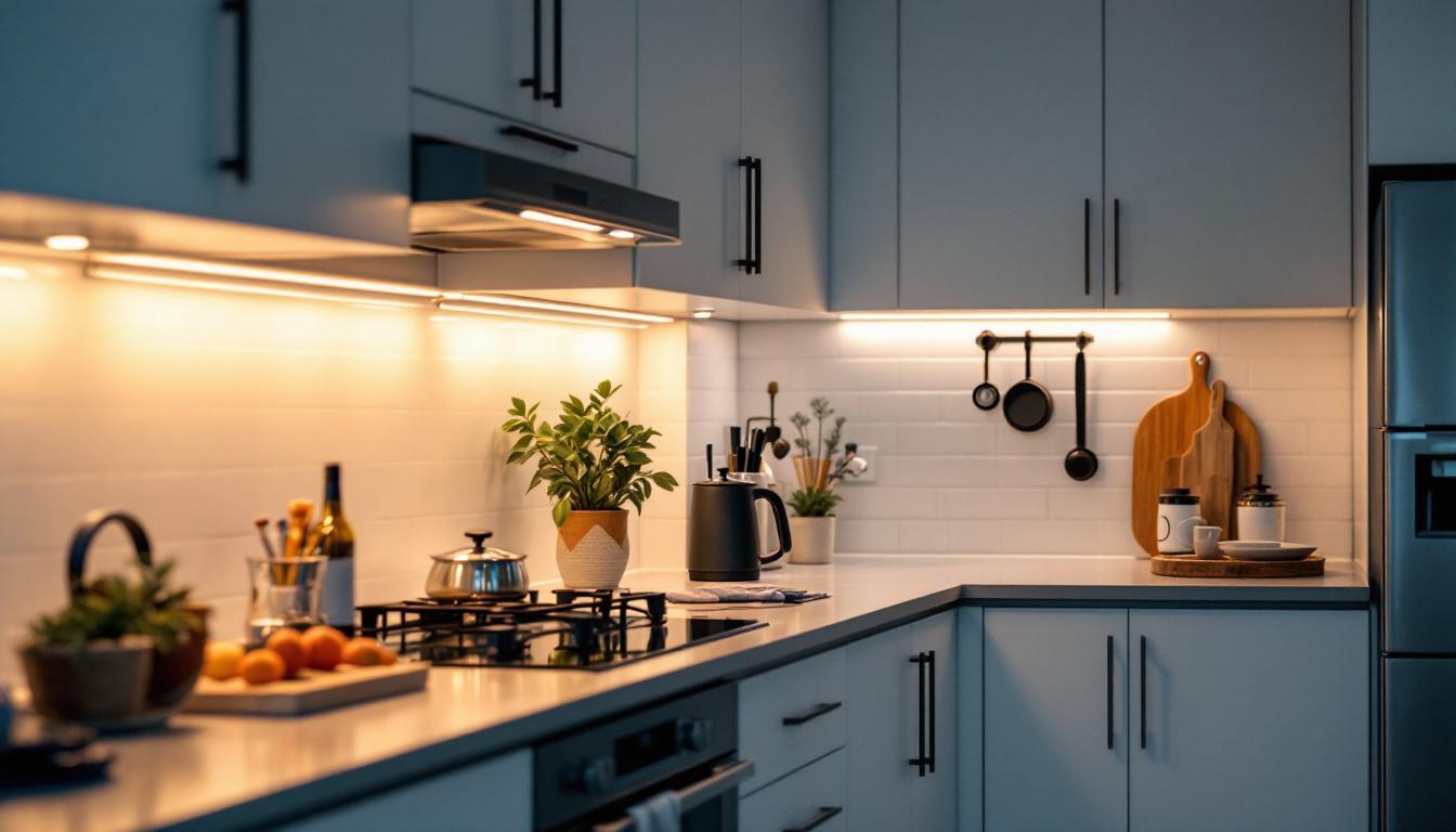 A photograph of a well-lit kitchen featuring sleek 12-volt under cabinet lighting