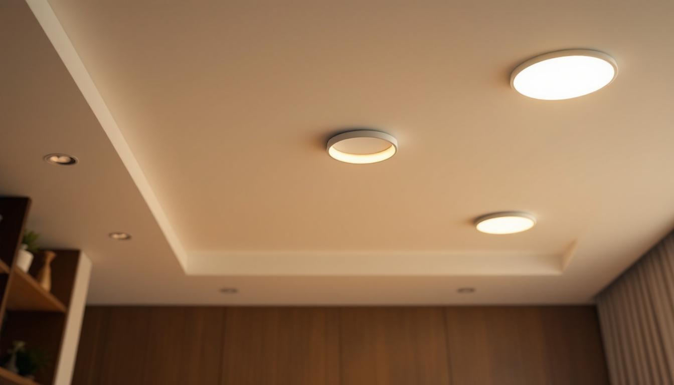 A photograph of a well-lit room featuring various styles of recessed can lights installed in the ceiling