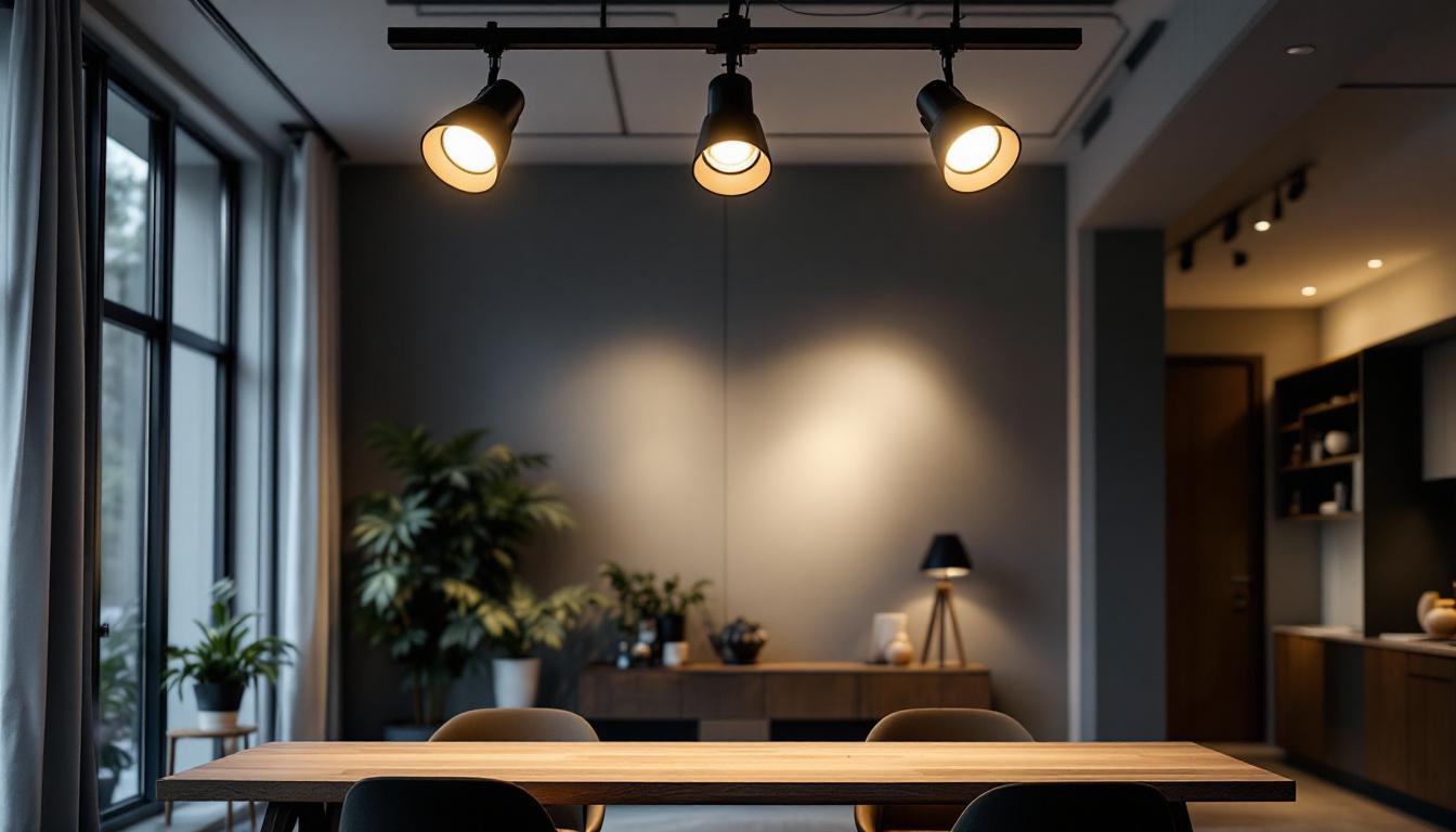 A photograph of a stylish interior space showcasing an elegant track lighting setup