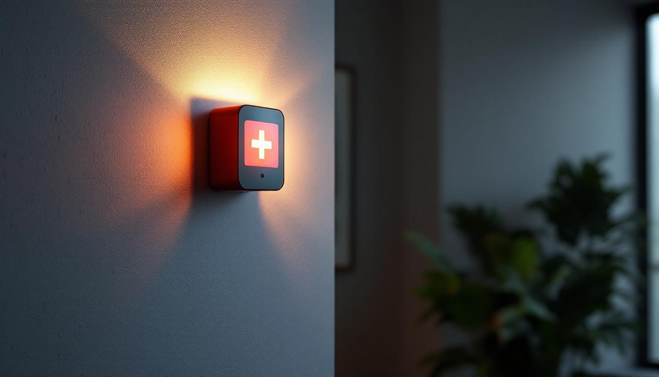 A photograph of a stylishly designed wall-mounted emergency light in a well-lit interior setting
