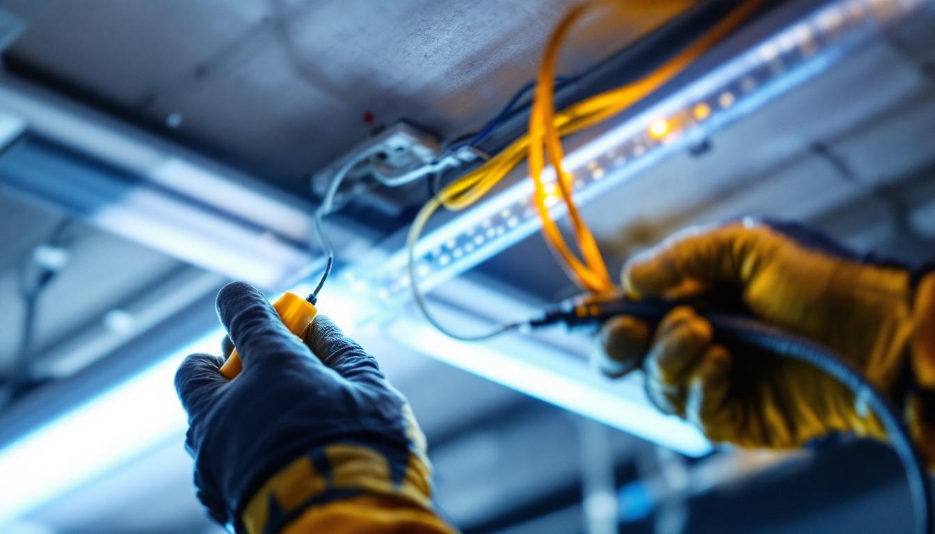 A photograph of a close-up of a technician rewiring a fluorescent light fixture to led