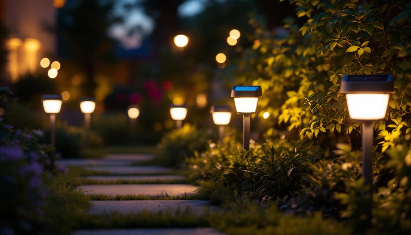 A photograph of a well-lit outdoor scene showcasing various solar motion sensor lights in action