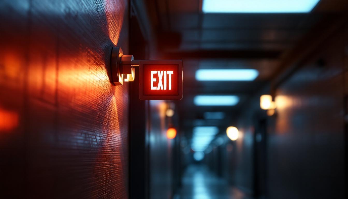 A photograph of a brightly illuminated commercial exit sign in a dimly lit corridor