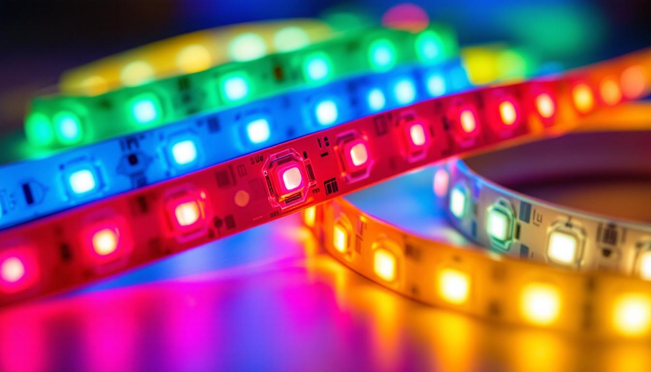 A photograph of a close-up shot of vibrant led light strips in various colors